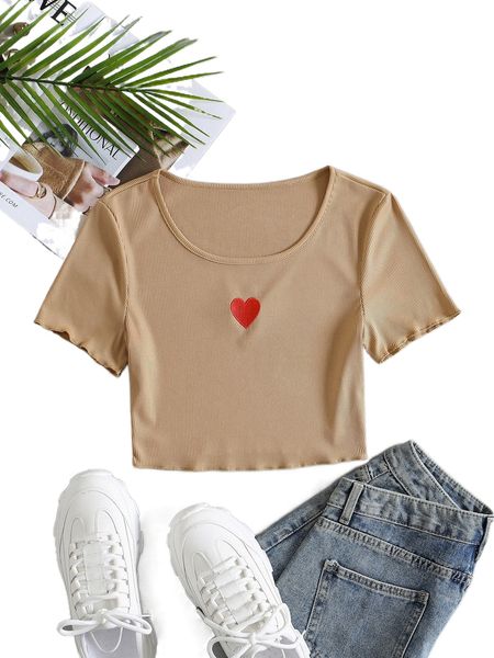 

heart embroidery lettuce trim rib-knit crop tee x1le#, White