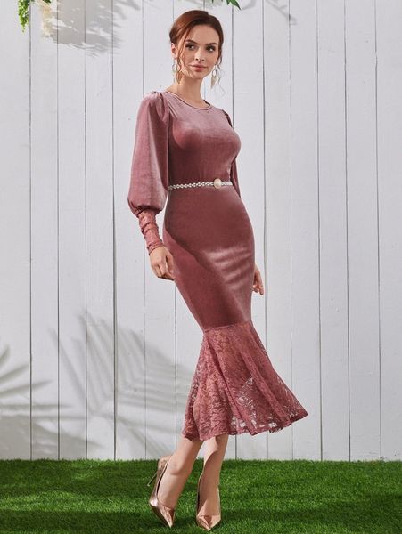 

contrast lace velvet dress without belt 19ro#, Black;gray