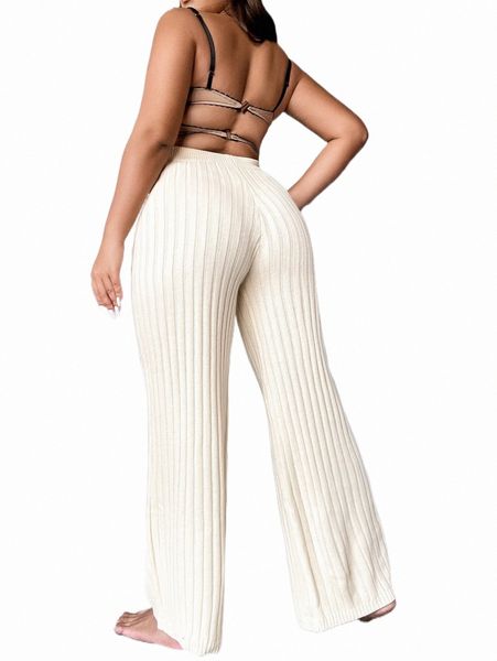 

plus tie waist wide leg knit pants e7x0#, Black