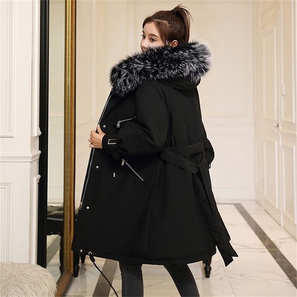 

korean style winter long jacket for women parkas female hooded oversized solid with fur collar sashes thick coats ladies 201214, Black