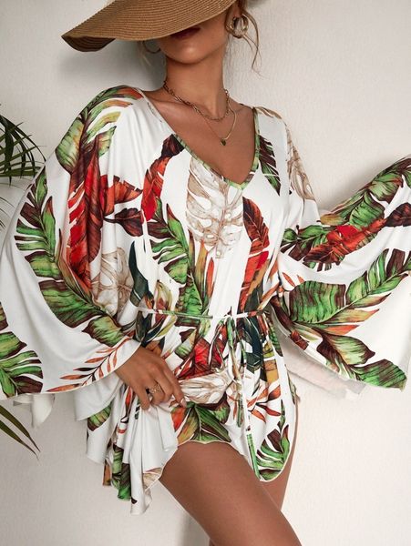

sxy tropical print batwing sleeve belted dress s7cm#, Black;gray