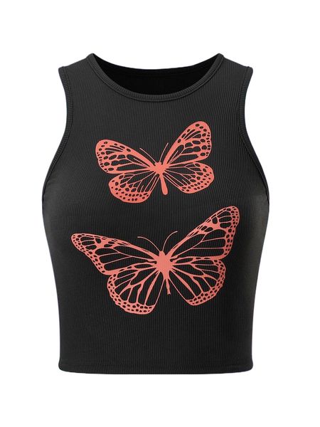 

butterfly print rib knit tank b5hy#, White