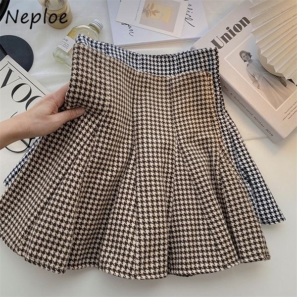 

neploe retro plaid pleated skirts autumn korean style fashion mini skirt woman high waist a-line mujer faldas 220401, Black