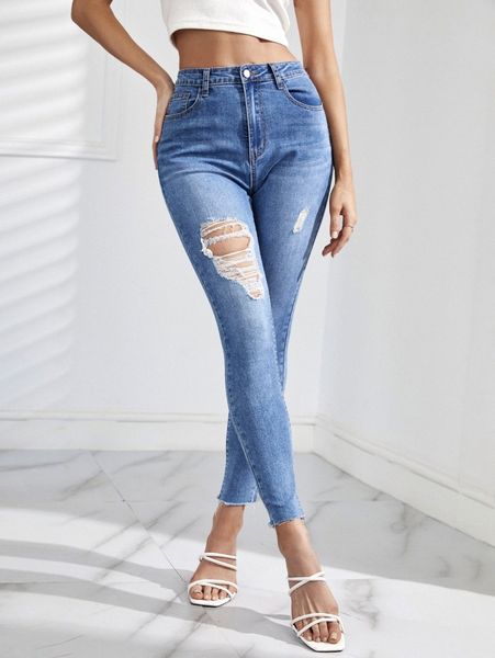 

high waist ripped skinny jeans j5hz#, Blue