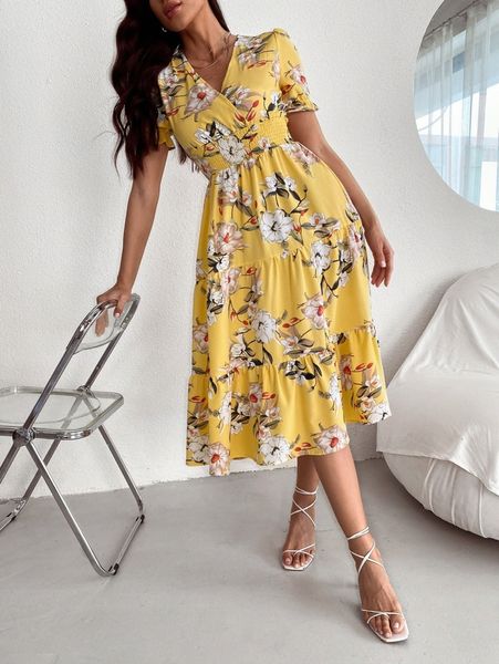 

floral print shirred ruffle hem dress x8ue#, Black;gray