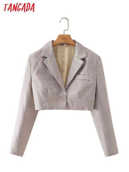 

suit tangada women plaid crop blazer coat vintage notched collar pocket 2022 fa, White;black