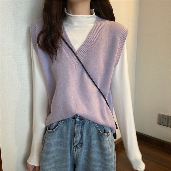 

autumn winter korean fahion sleeveless midi sweater vest women vneck loose knitted vests solid loose tank pullover outwear 201031, Black;white