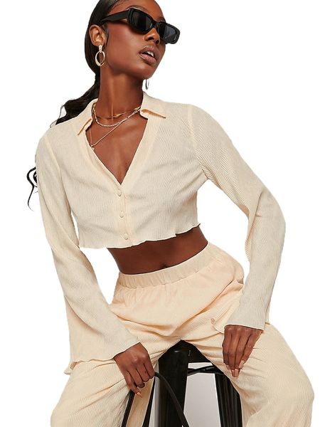 

solid collar flounce sleeve crop blouse b9at#, White