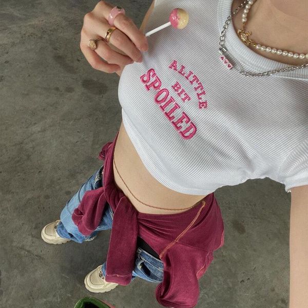 

y2k crop aesthetic cute pink letter embroidery baby tees 2000s vintage ribbed o-neck harajuku short sleeve t-shirt, White