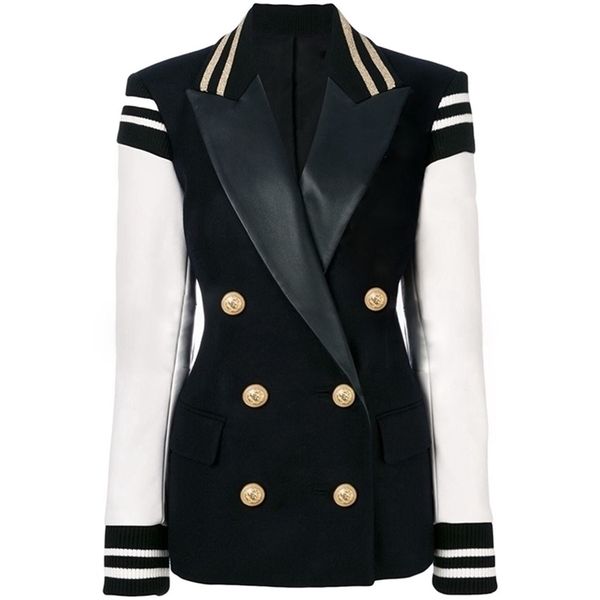 

est fashion designer womens leather patchwork double breasted blazer classic varsity jacket y201026, White;black