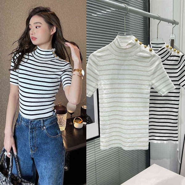 

spring and summer navy style contrast stripe bright silk shoulder button stand collar ice sweater short sleeved top, White