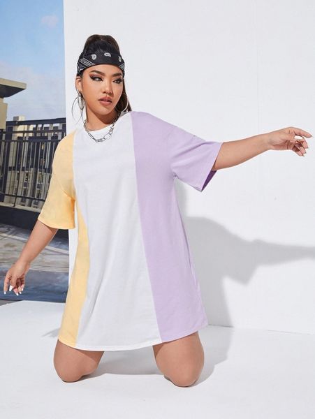 

plus colorblock drop shoulder tee dress 60fu#, Black