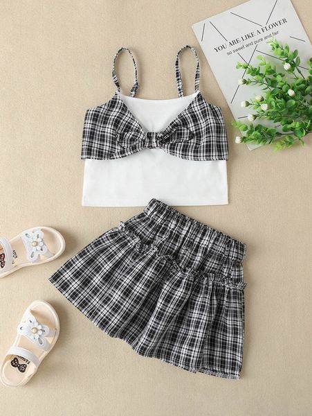 

toddler girls plaid bow front cami & frill trim skirt she, White