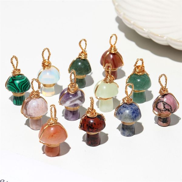 

2cm mushroom statue natural crystal stone carving charms reiki healing gold wire wrap pendant for women jewelry making wholesale, Bronze;silver