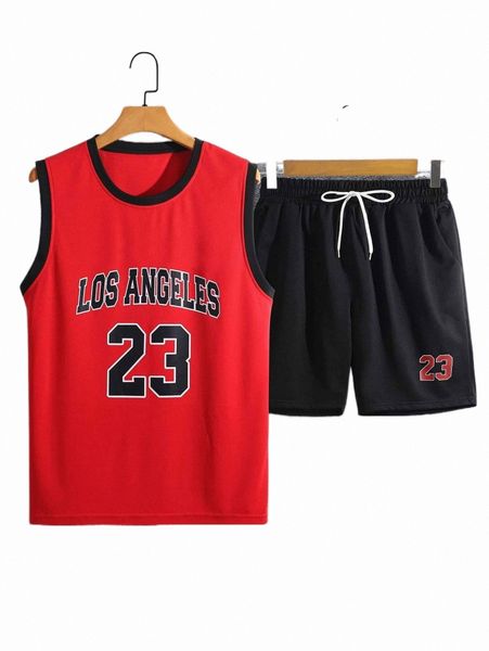 

men letter graphic tank & drawstring waist shorts i2rp#, Gray