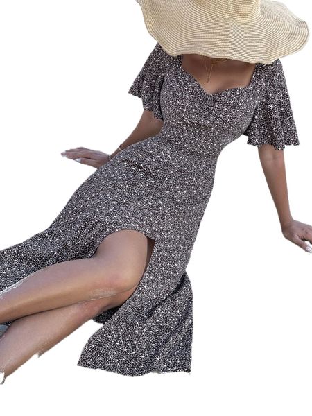

allover floral print butterfly sleeve split thigh dress 60n5#, Black;gray