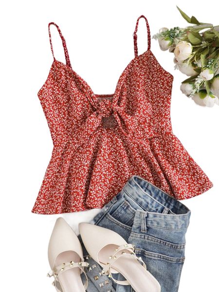 

plus plant print tie front shirred back peplum cami z1dw#, Black