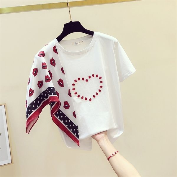 

needbo t shirt women patchwork casual oneck tshirt women scarf red lips cotton tshirt femme big size white tees 210320