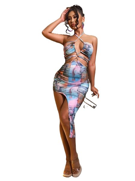 

sxy building print o-ring halter neck tie back asymmetrical hem bodycon dress n0lk#, Black;gray