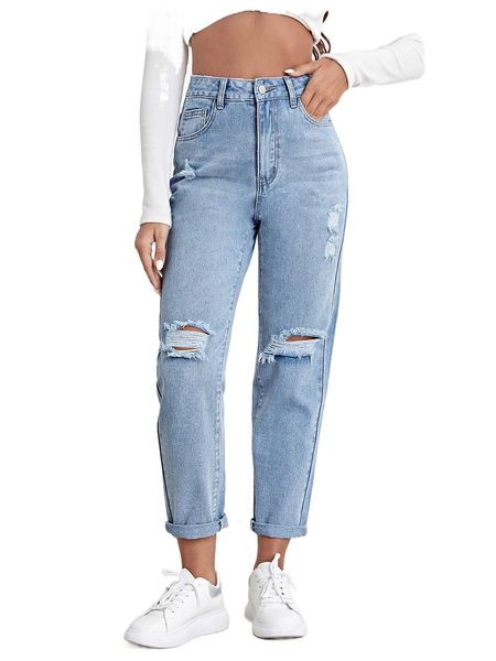 

high waisted ripped light wash jeans q84t#, Blue