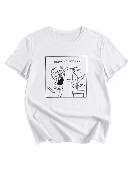 

romwe x seanyboydraws slogan cartoon figure graphic tee v29g#, White