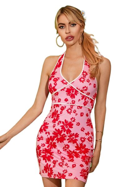 

allover floral print halter dress f4ip#, Black;gray