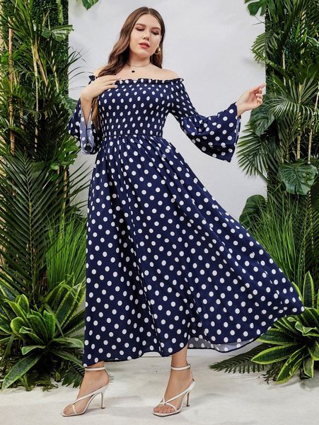 

plus polka dot shirred bardot flounce sleeve dress z5r2#, Black