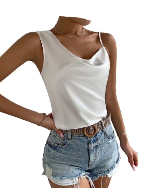 

asymmetrical neck draped satin p31d#, White