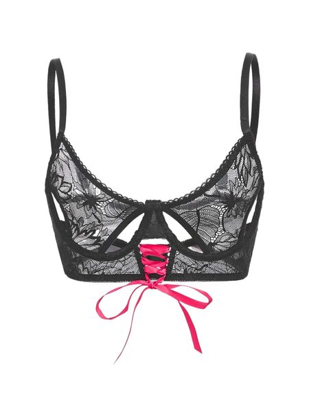 

cut out lace up front underwire bra v4kp#, Black;red