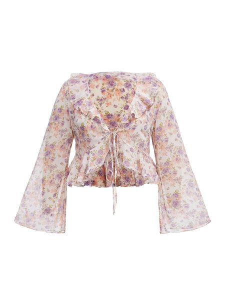 

plus floral print knot front ruffle trim blouse u4sm#, Black