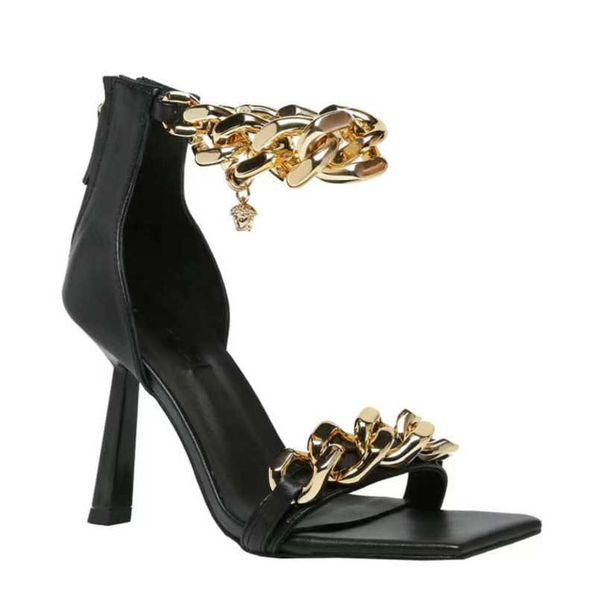 

designer women chain high heels sandals genuine leather with a -toned heel vintage fashion sandals wedding dress shoes size 35-42 no391, Black