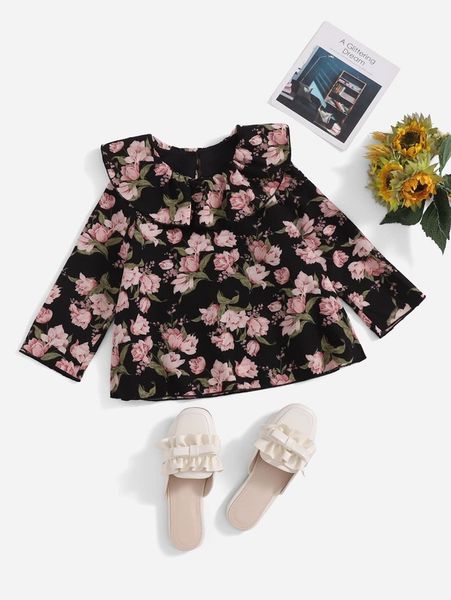 

toddler girls floral print ruffle trim she, White;black
