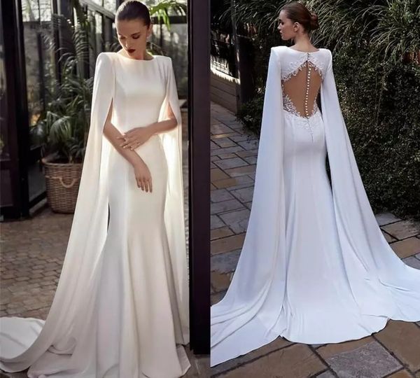 Abiti da sposa eleganti a sirena Maniche lunghe ad aletta Appliques in pizzo Illusiuon Back Beach Abiti da sposa Abiti semplici da sposa 2022 Mariage