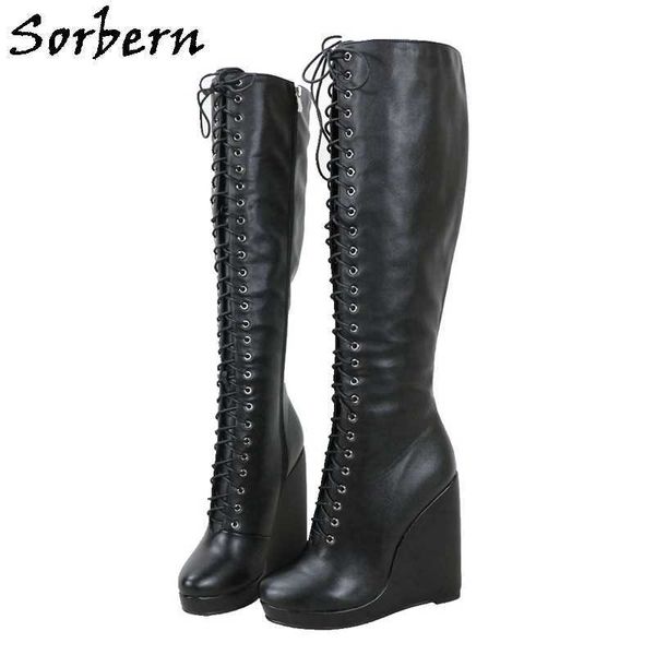 Sorbern Custom 16Cm Wedge Boots Unisex Tacchi alti Piattaforma sottile Lace Up Wide Slim Fit Gambe Stivale alto al ginocchio Fetish Multi colori