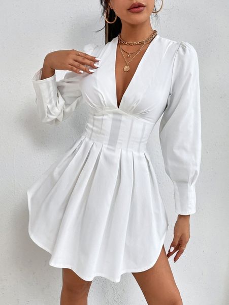 

petite plunging neck bishop sleeve fold pleated dress b7ni#, Black;gray