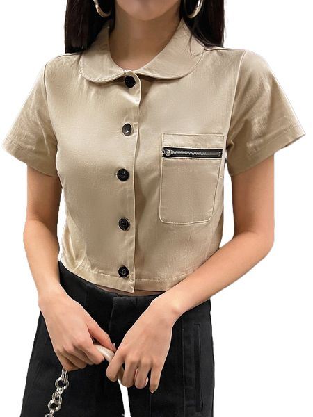 

dazy zip pocket button up blouse g2hw#, White