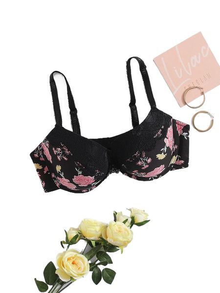 

plus floral contrast lace underwire bra l1vq#, Black;white