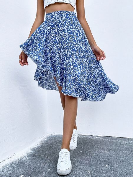 

ditsy floral print ruffle asymmetrical hem skirt r0zi#, Black