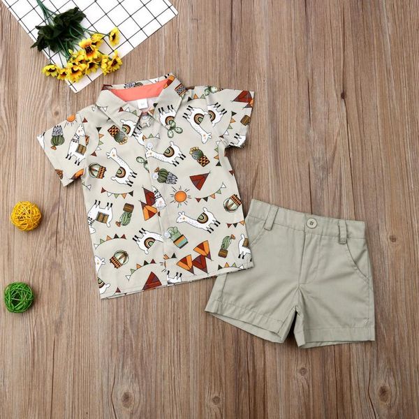 Kleidungssets 1-6Y Kinder Jungen Sommerkleidung Set Baby Alpaka Print Kurzarm Button-Down-Hemden Hosen Kinder Casual OutfitsKleidung