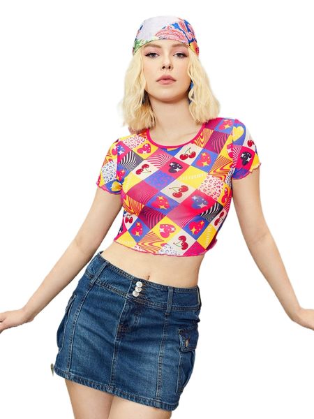 

patchwork print lettuce trim crop mesh tee 60tj#, White