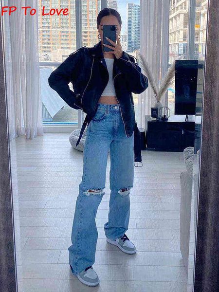 

ripped denim straight wide leg jeans stylish blue street long trousers black female woman autumn spring y2k fp to love t220728