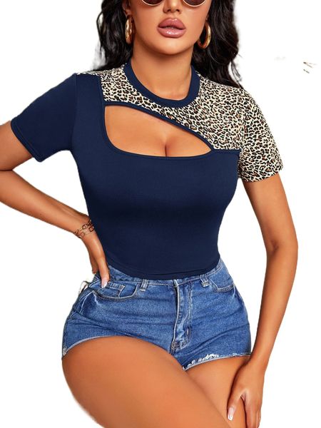 

leopard print cut out tee d99a#, White