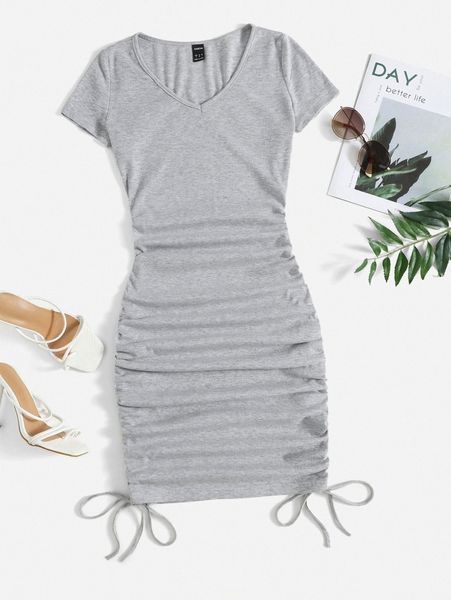 

v-neck drawstring ruched side dress f0ud#, Black;gray