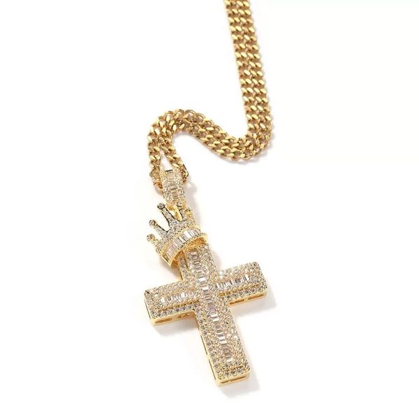 

hip hop jewelry crown cross pendant necklace for men women with chain gold filled micro pave zricon bling necklace accessories, Silver