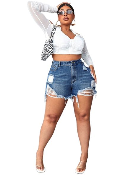 

sxy plus high waist ripped raw trim denim shorts d4tc#, White;black