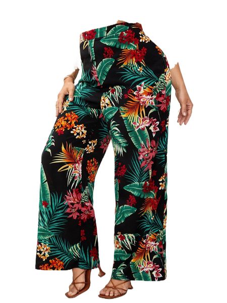 

plus tropical print wide leg pants 80ec#, Black
