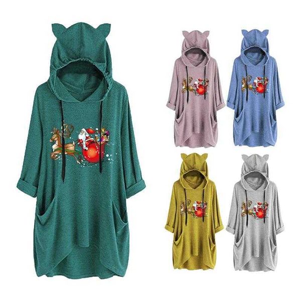 

hoodies & women's sweatshirts merry christmas womens ear hat mid-length mid-sleeve cute print hooded sweatshirt loose pullover harajuku, Black