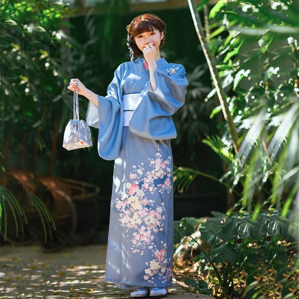 Tradicional Japão Roupas étnicas Tóquio Lady Blue Bathrobe Gentil Retro Japonês Modificado Morandi Formal Kimono Girl