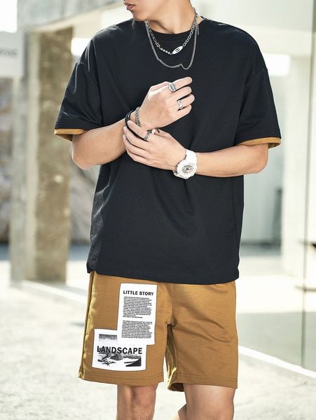 

men drop shoulder tee & slogan patched drawstring waist shorts a3gf#, Gray