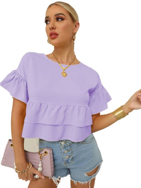 

flounce sleeve layered ruffle hem blouse y6hz#, White